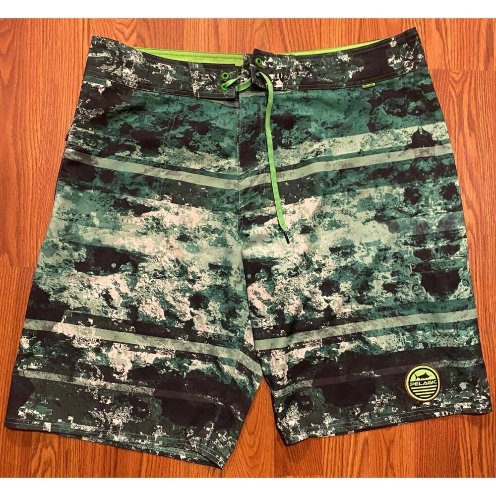 Pelagic Argonaut Board Shorts Mens 38 10" Green Acid Camo Swim Trunks Drawstring
